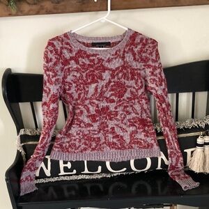 White House Black Market Red and Light Gray Patterned Crewneck Sweater